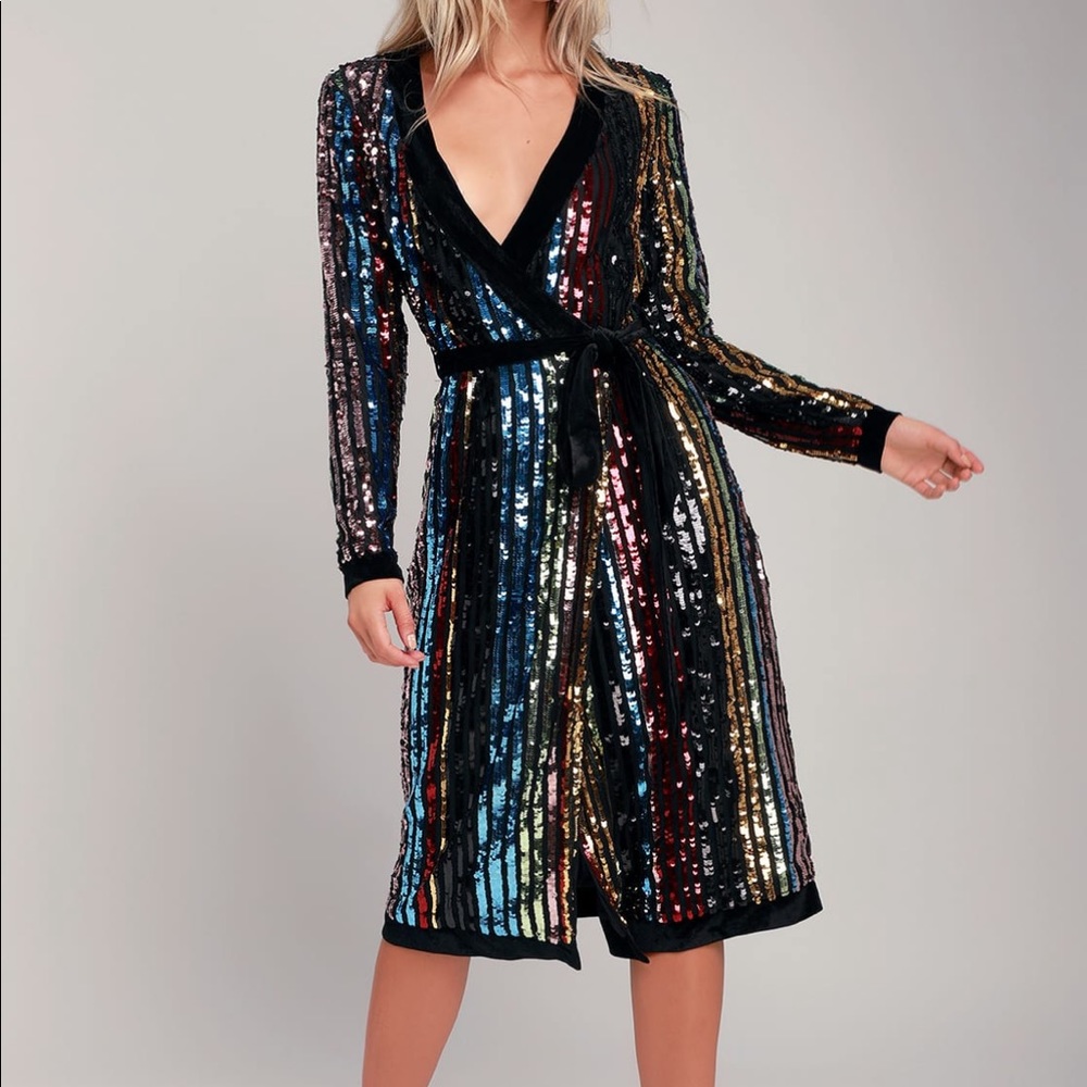 Rainbow Striped Sequin Midi Robe Dress